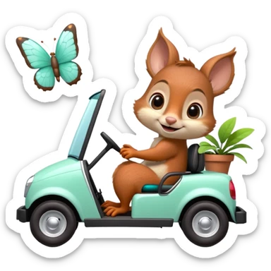 High-quality 3D Pixar-style mint green golf cart speeding in bright courtyard, driven by a super-cute smiling baby squirrel, glossy fur, big eyes, vibrant colors, smooth shading, butterflies, potted plants, bright daylight. sticker