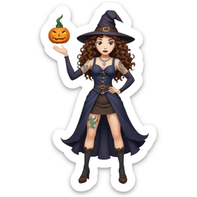 full body view of a woman with long curly brown hair, brown eyes, white skin, tattoos, hands on hips, unimpressed witch stance, psychedelic background swirl sticker