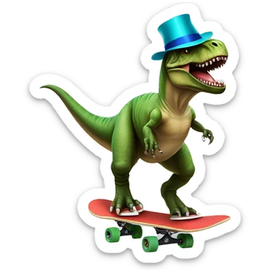 A T-Rex with a party hat riding a skateboard sticker