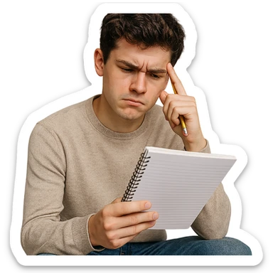 realistic style student thinking about a question, frowning while looking at notebook, thoughtful sticker