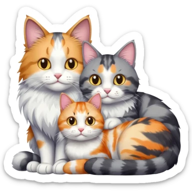 big grey and white cat cuddling a colourful light patched calico + white tabby cat sticker