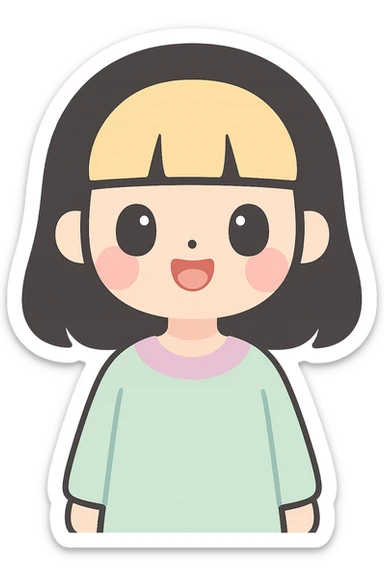 illustration of a girl with straight black hair and blonde bangs, character illustration style sticker