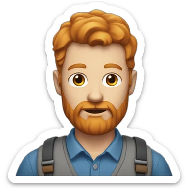 Man with short ginger hair with some grey hairs in and a long ginger beard wearing a blue collared shirt sticker