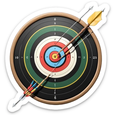 A professional recurve bow with an arrow nocked, ready to be released. The target features concentric rings, placed at a distance. The emphasis is on the bow, arrow, and target, highlighting the precision, focus, and skill involved in competitive archery. sticker