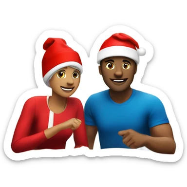 Sports emoji couple, man and woman in sportswear, sitting at the New Year's dinner table with a red Christmas hat sticker
