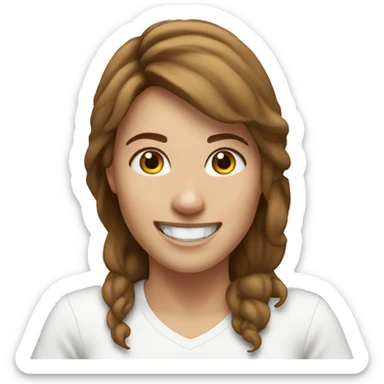 white woman very happy, brown hair in a white tshirt sticker