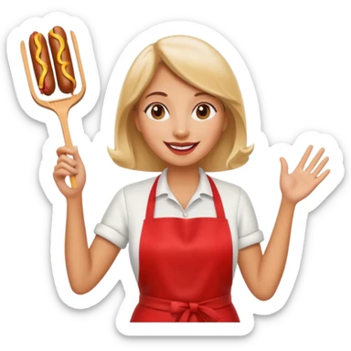 A cheerful woman selling hotdogs, waving a tongs in one hand. sticker