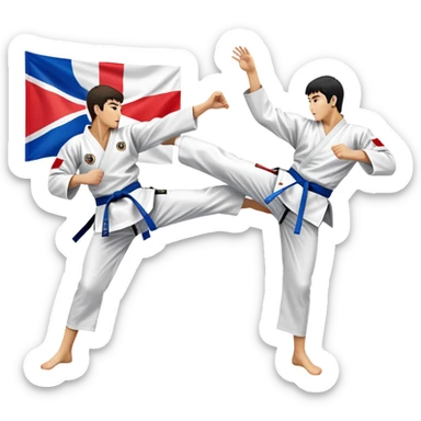 Two taekwondo fighters in a competition arena, one performing a high spinning kick towards the opponent’s head, while the other blocks with a precise guard. The background features a dynamic, bright arena with flags, emphasizing speed and agility in the martial art. Transparent background  sticker