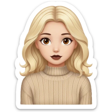 Luxury blonde model, brown eyes, dark makeup, sleek wavy beige-blonde hair, cozy cable knit sweater sticker