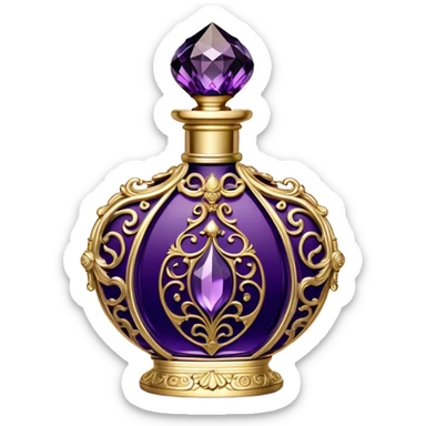 A luxurious French vintage-style perfume bottle in deep purple, with an ornate crystal stopper and intricate gold filigree detailing. The bottle has an elegantly curved shape, reminiscent of classic 18th-century perfume designs. It sits atop a delicate lace-covered vanity table, surrounded by pearls and antique silver accessories. Soft candlelight casts a warm, romantic glow, highlighting the rich texture of the glass and metallic accents sticker