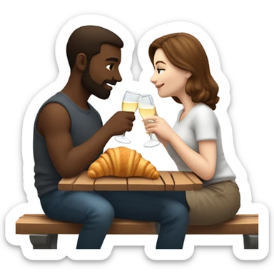 couple with white skin people and brown hair, sitting closely on a park bench, enjoying a romantic moment. One person is holding a croissant, and the other is holding a glass of Prosecco.  sticker