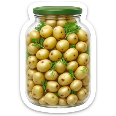 A round jar of small pickled potatoes with sprigs of dill floating inside.









 sticker