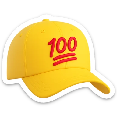 Embroider the red 100 emoji on the front of the yellow baseball cap in the style of microsoft 3D fluent emojis, with no background. sticker