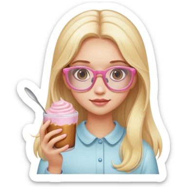 a girl with long lashes, long blonde hair, light pink glasses, holding a pudding sticker