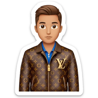 stylish man wearing Louis Vuitton jacket with LV monogram pattern sticker