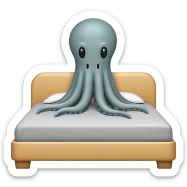 Minimalist emoji-style sticker of a bed with a covered figure and something strange peeking out from underneath. Grayscale only, simple icon.

 sticker