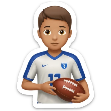 a boy having a football ball next to his hand wearing a football jersey sticker