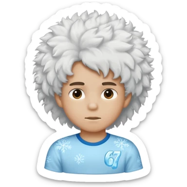 A boy with fluffy hair and an ice design on shirts with a shirt saying “ 67 “ sticker