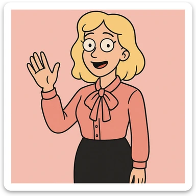 A woman light yellow hair Sky pink Flavia Pussy Bow Blouse Black Numana Straight Skirt a hand say hello sticker