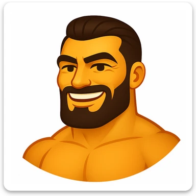 Create a gigachad emoji inspired by the reference image of a muscular man with a chiseled jawline and confident smile, in the style of apple emojis. The emoji should be simplified and expressive, capturing the essence of the apple emoji style. sticker
