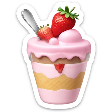 pale pink parfait with ice cream and strawberries and a spoon sticker