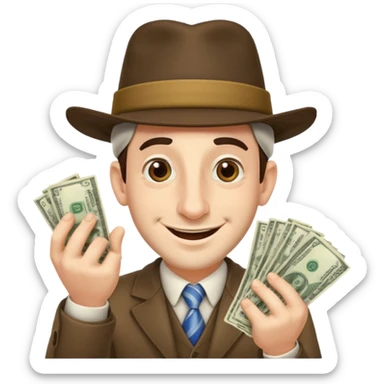 Jewish man with a big nose having his hands clenched together while smiling when he sees money , add the side curls and the funny hat , add the side curls please c sticker