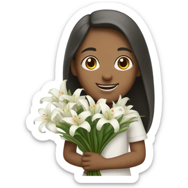 a blind girl holding a bunch of white lily smiling sticker