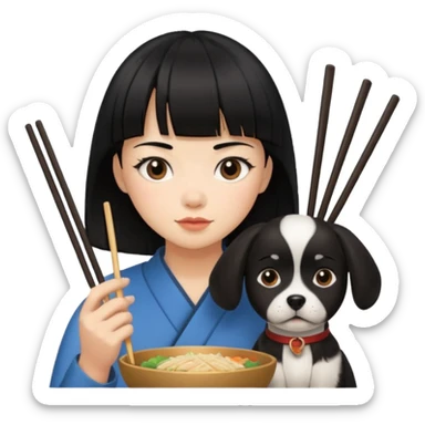 Person with black hair and bangs holding chopsticks next to dog sticker
