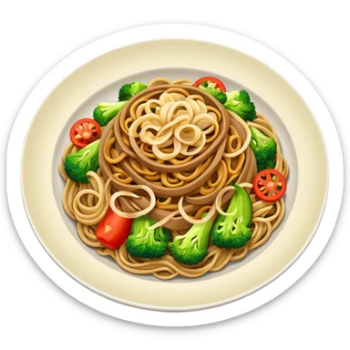 Illustrate stir-fried noodles with vegetables & soy sauce on a plate sticker