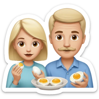 White blonde girl and white man with brown thin hair and brown mustache eating eggs  sticker
