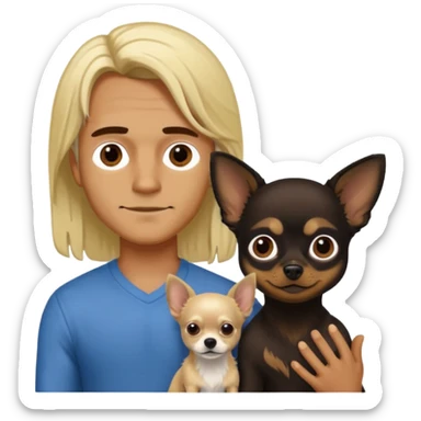 Hombre con pelo largo rubio su pareja chica de pelo castaño oscuro y un chihuahua negro sticker