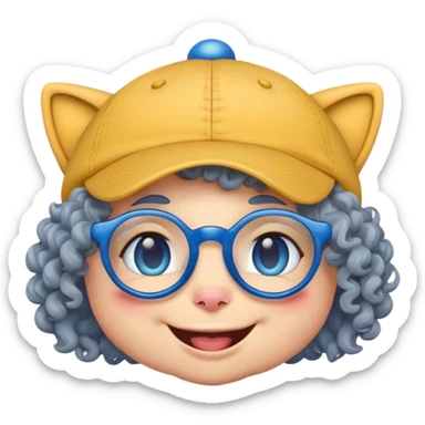 yellow female smiley face emoji, big smile, winking, wearing a backwards blue ball cap, grey curly hair, cat eye glasses, no eye colo sticker
