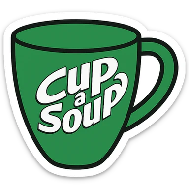 green cup with Cup A Soup logo, clear branding, simple background, icon style sticker