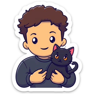 young male with brown light skin, slightly curly hair, holding a black cat sticker