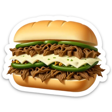Chicago Italian cheesy beef sandwich. Italian bread, shredded beef, white provolone cheese, green peppers. sticker