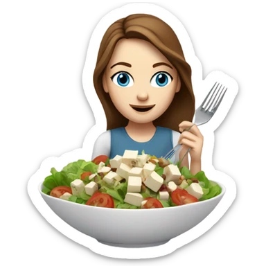 White girl Brown hair blue eyes freackles eating Tofu salad with fork sticker