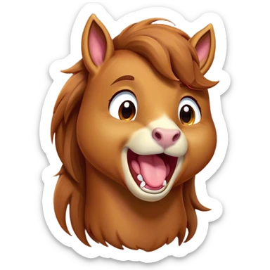 Cinematic Cute Yawning Chestnut Horse Portrait Emoji, Head tilted slightly with a dramatic, wide-open yawn, revealing a smooth chestnut fur with a subtle shimmer, floppy ears slightly drooping, round amber eyes barely open in drowsy contentment, Simplified yet irresistibly adorable features, highly detailed, glowing with a soft, cozy glow, high shine, relaxed yet expressive, stylized with a touch of equine whimsy, bright and endearing, soft glowing outline, capturing the essence of a sleepy yet affectionate horse, so drowsy it feels like it could stretch out of the screen and curl up for a nap! sticker