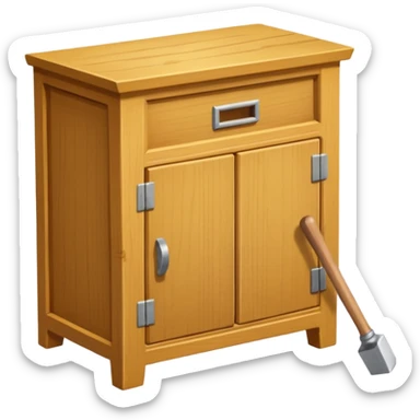 Compact emoji-style icon showing a small wooden cabinet with one door slightly open, a hammer resting beside it, and a plank of wood leaning in the background. Light brown wood tones, silver hammer head, yellow handle. Soft shadows, clean glossy look.  sticker