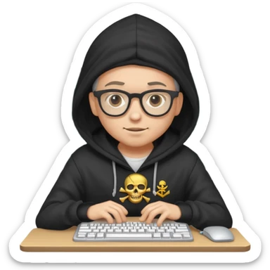 pirate with glasses and a hoodie, typing on a computer, surrounded by code, fun and quirky sticker