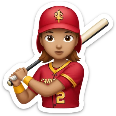 a girl playing softball wearing a cardinal and gold colored uniform sticker