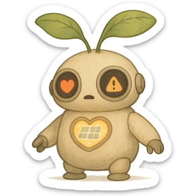 A chubby, round robot seedling with soft, plush-like forms. Its body resembles a young sprout with smooth lines. The robot has large round sensor-displays for eyes that change expression (❤️ for good harvest, ⚠️ for problems). It has two movable leaf-antennas on its head that move when working. On its chest is a stylized heart with solar panels that glows softly when charging. It has short, slightly clumsy arms and legs like a baby robot, with suckers or tiny wheels on its feet to "roll" around the greenhouse. sticker