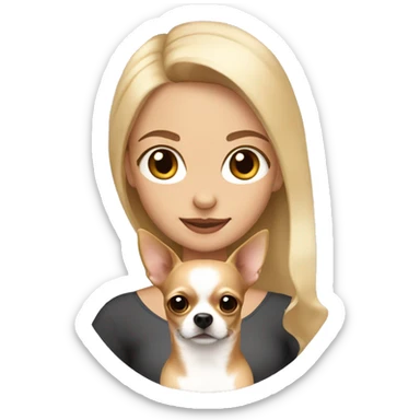 Blonde girl with brown eyes holding a light brown chihuahua sticker