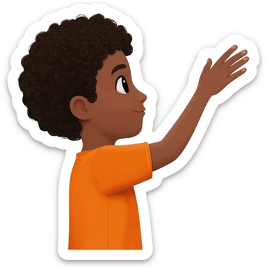 black boy curly hair orange shirt reaching for something sticker