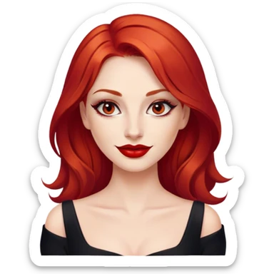 a woman with red hair and red eyes. The woman wear a black dress. She have red lipstick and she have a seductive look and smile sticker