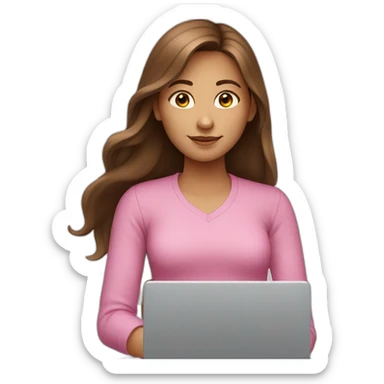 Girl with long brown hair and laptop, pink shirt sticker