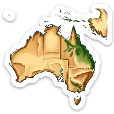 Outline and Landmass of Australia – map of Australia, featuring its distinct coastline and iconic landmass shape. The deep blue ocean surrounds the golden-brown continent, with subtle topographic details highlighting its vast deserts, lush forests, and rugged coastline. A soft glow accentuates the edges, making the shape unmistakable. sticker
