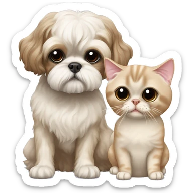 Beige shih tzu sitting next to a small beige Devon Rex cat  sticker