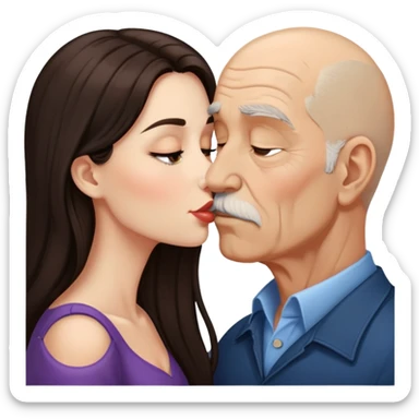 Beautiful woman with long dark hair, kissing a old brown bald man sticker