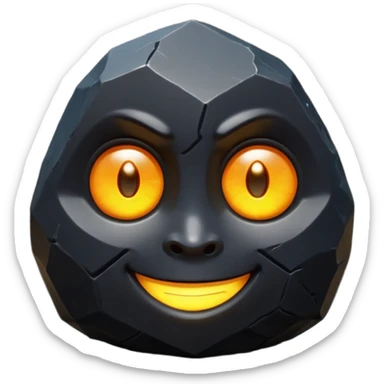 Single black obsidian rock character, thick and heavy with sharp facets and subtle reflections, carved cute face with glowing round eyes and a small smile, 3D render, high detail, soft backlighting, isolated on a plain dark background. sticker