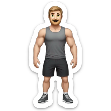 Full height realistic Actively gesturing with hands Pale skinned Fit Man With the biceps and brown hair in dark gray Sleeveless Mike, black oversize sports shorts, watch and white Sneakers sticker
